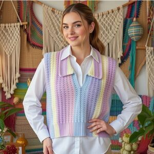 Handmade Pastel Rainbow Crochet Y2K Boho Striped Knit Sweater Vest Soft Girl